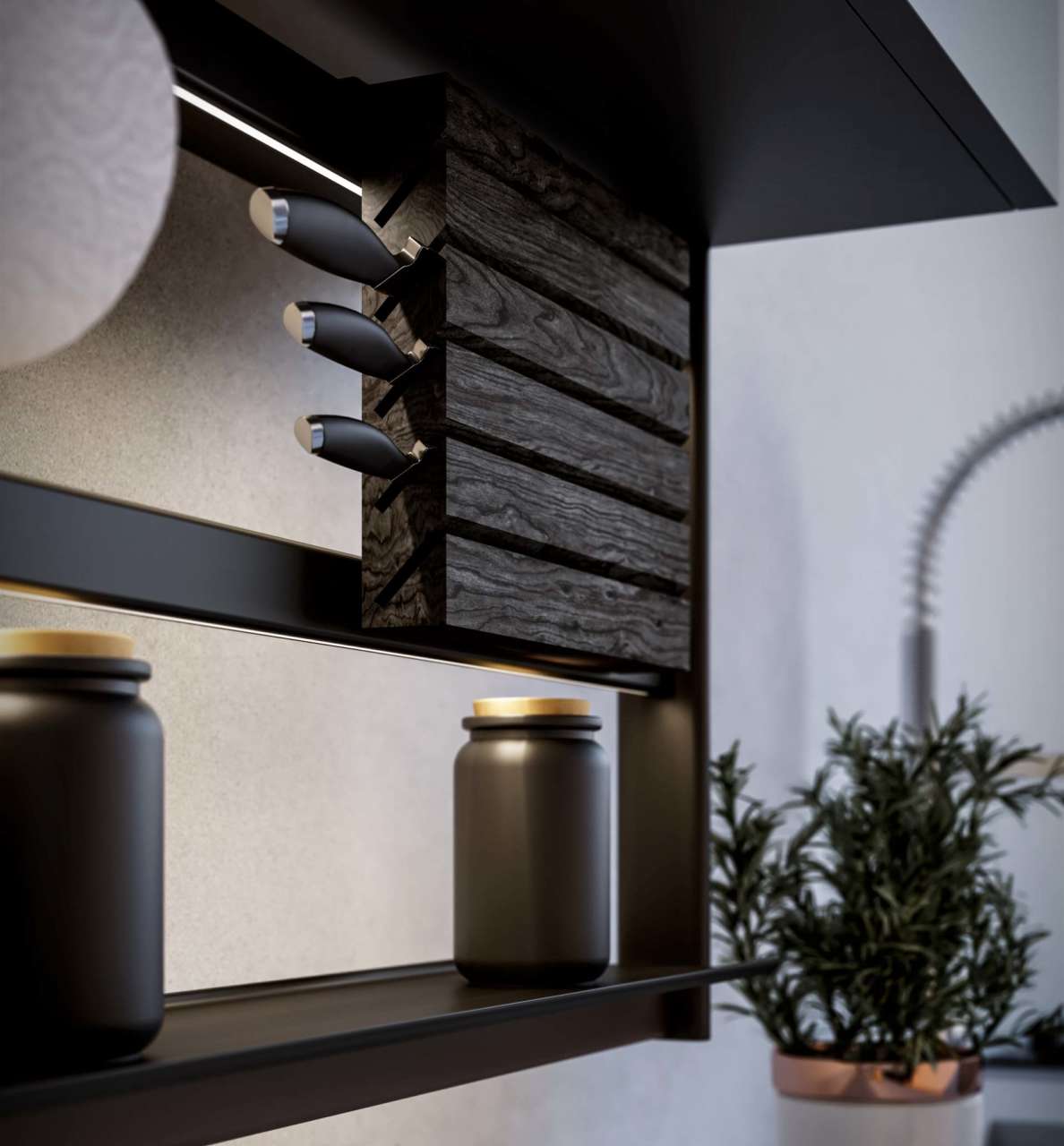 estante encimera cocina suspendido de mueble alto industrial negro con luz HANG con cuchillero de madera